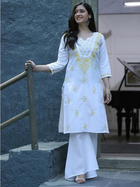 shades white cotton embroidered chikankari kurta palazzo set with dupatta