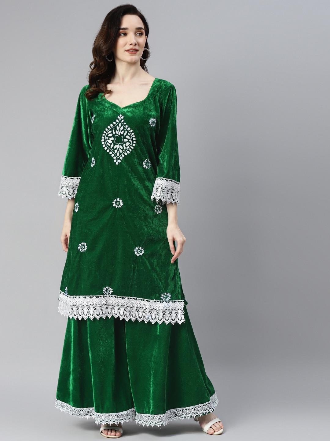 shades women green ethnic motifs embroidered chikankari velvet kurta with sharara