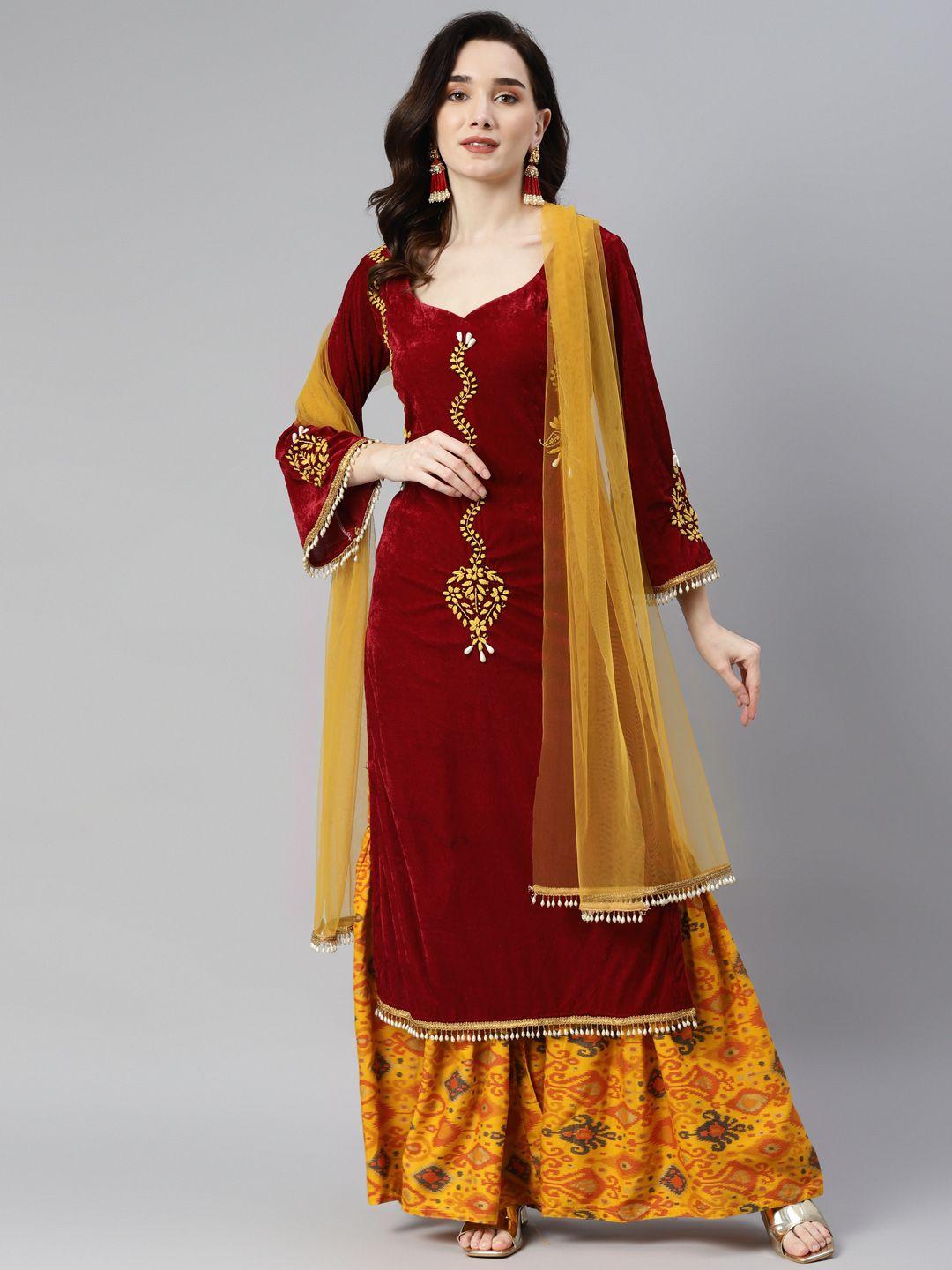 shades women maroon ethnic motifs embroidered chikankari velvet kurta with palazzos & with dupatta