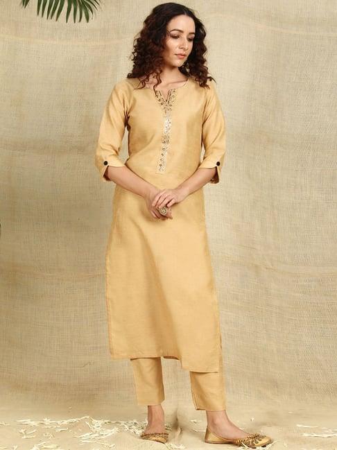 shades beige embroidered kurta pant set