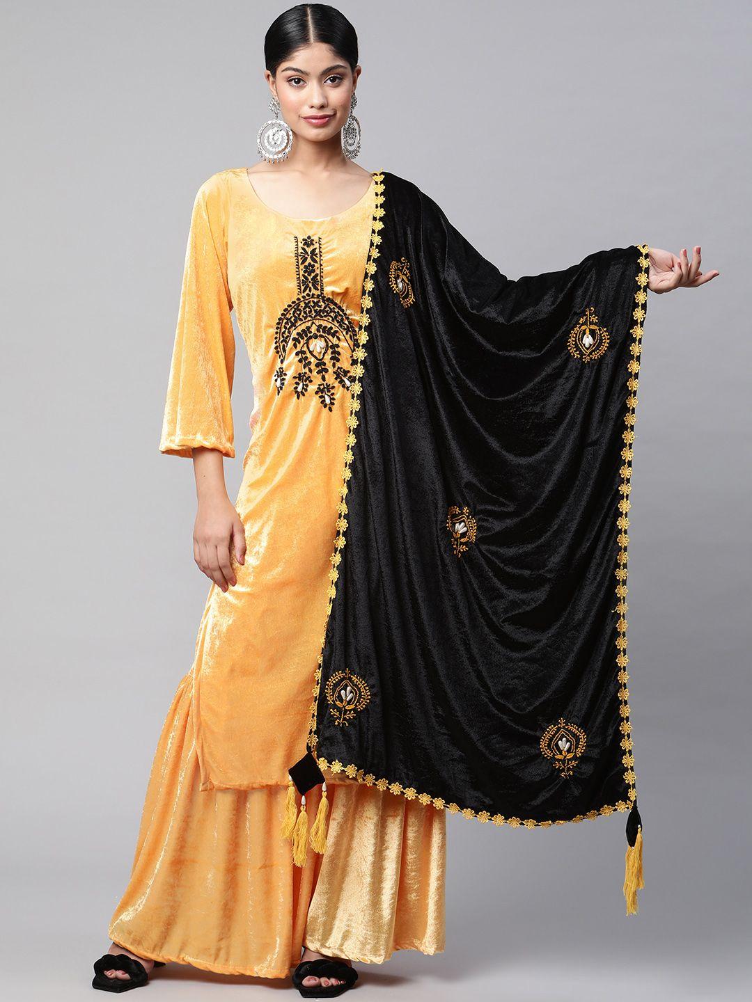 shades black ethnic motifs embroidered velvet dupatta with thread work