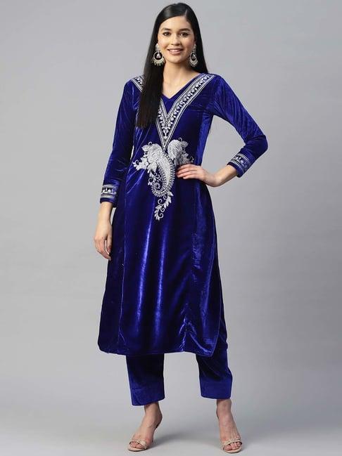 shades blue embroidered kurta pant set