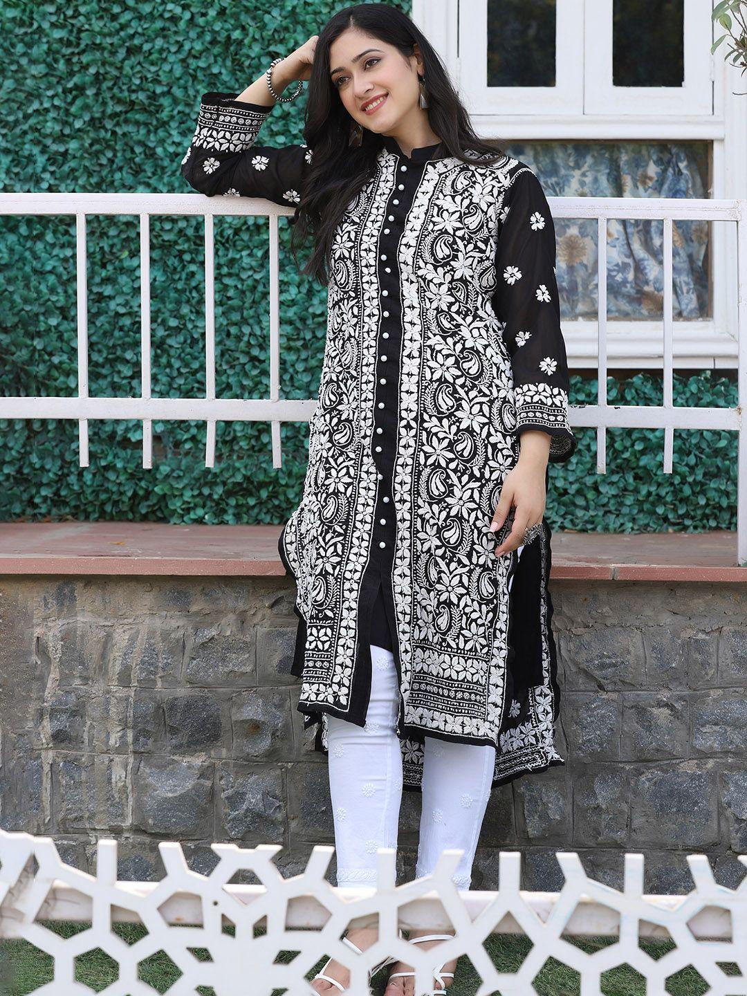 shades ethnic motifs embroidered georgette kurta