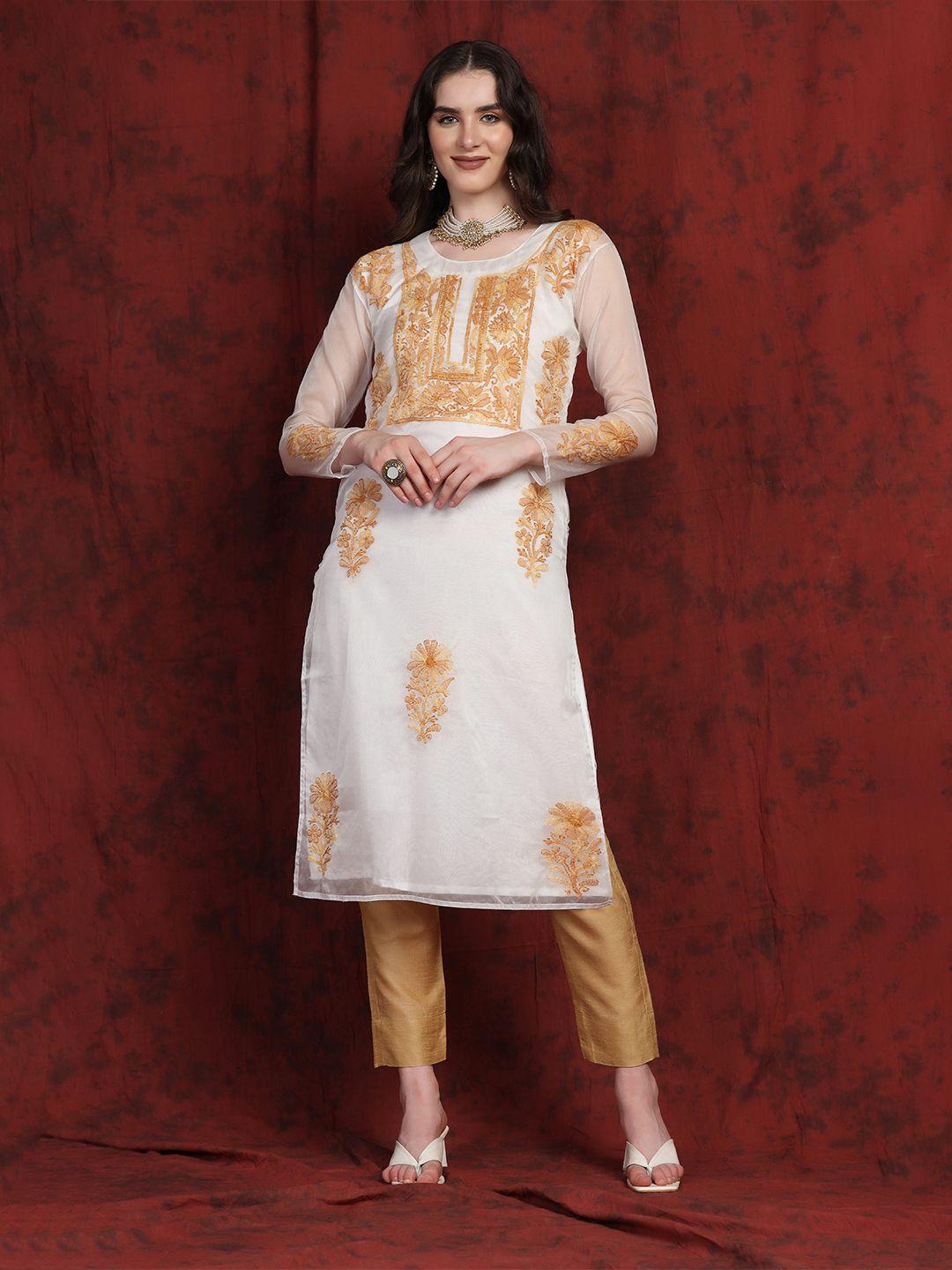 shades ethnic motifs embroidered organza chikankari kurta