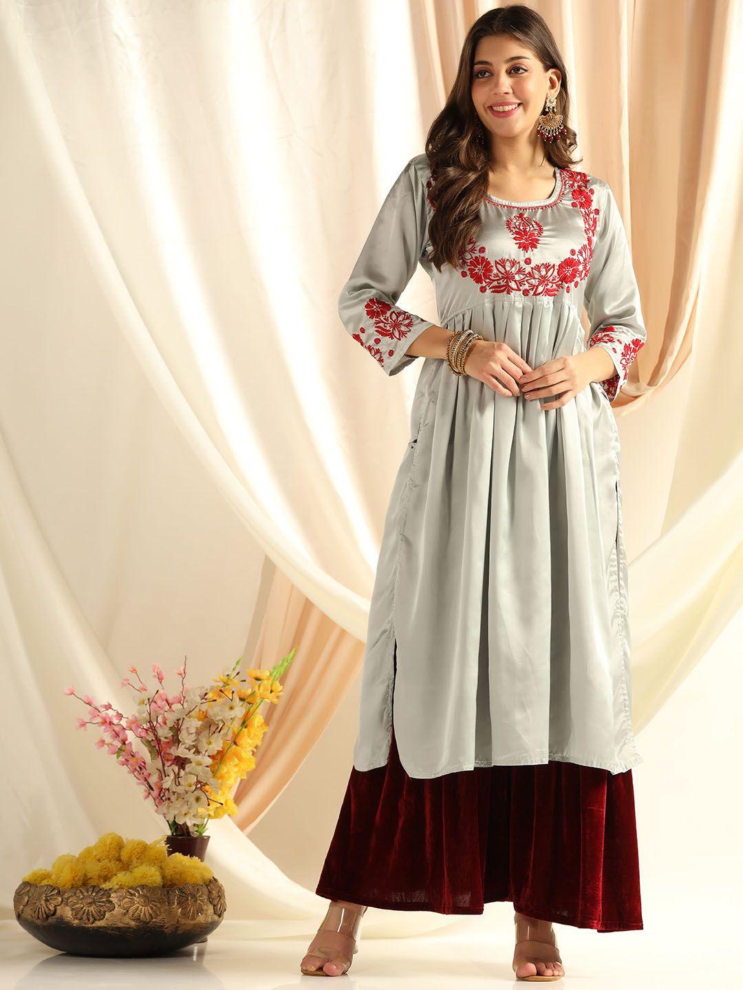 shades floral embroidered chikankari a-line pleated kurta with palazzos