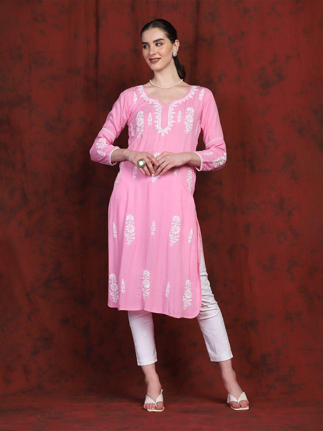 shades floral embroidered chikankari cotton straight kurta