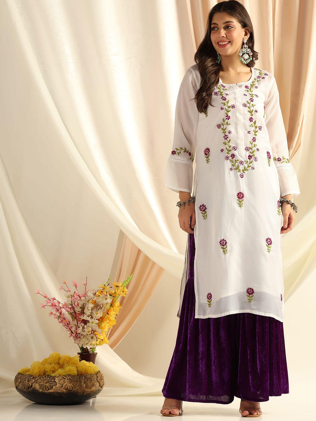 shades floral embroidered regular pure cotton kurta with sharara