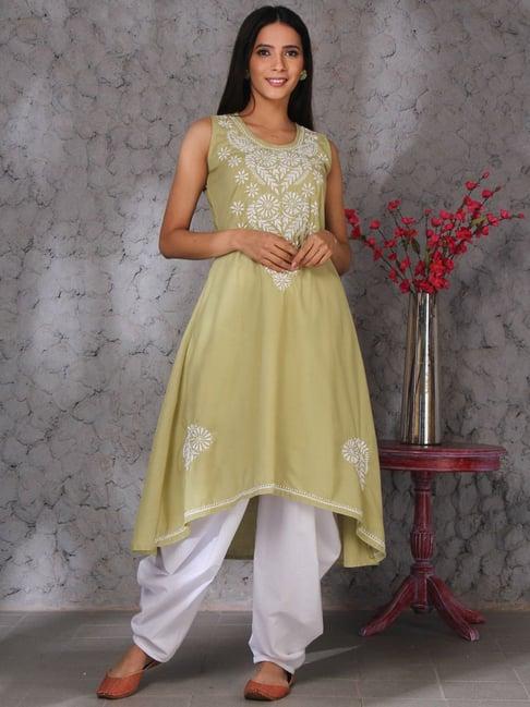 shades green linen embroidered kurta salwar set