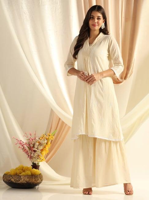 shades of faashion cream cotton embroidered kurta sharara set