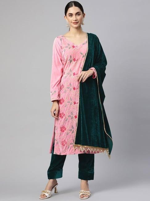 shades pink embroidered kurta pant set with dupatta