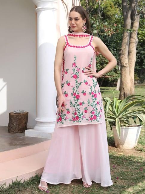 shades pink embroidered kurti palazzo set with dupatta