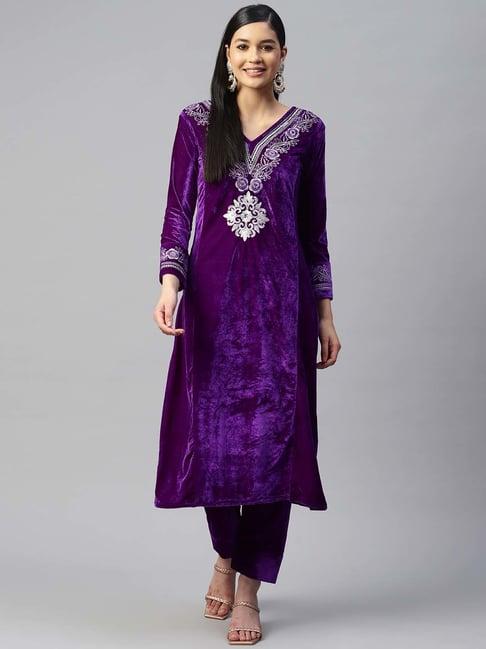 shades purple embroidered kurta pant set