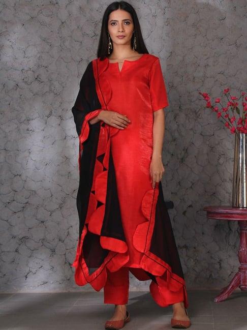 shades red kurta pant set with dupatta