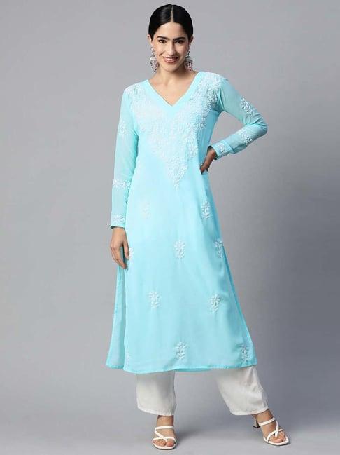 shades sky blue embroidered straight kurta