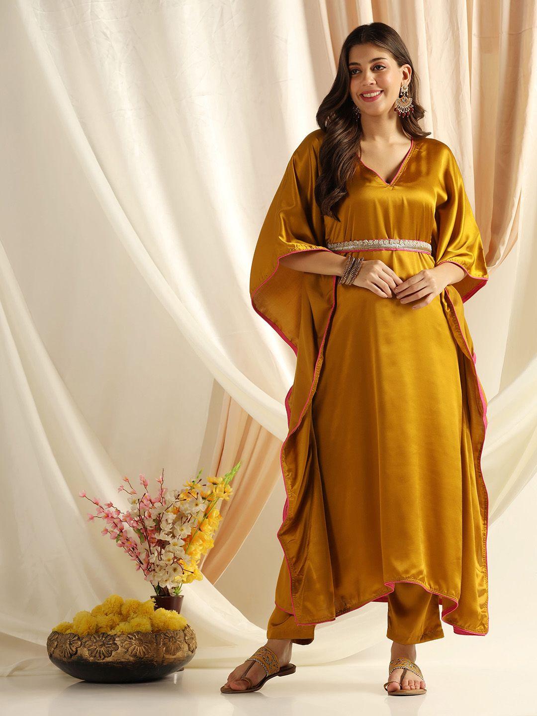 shades v-neck flared sleeves beads and stones kaftan kurta wit belt