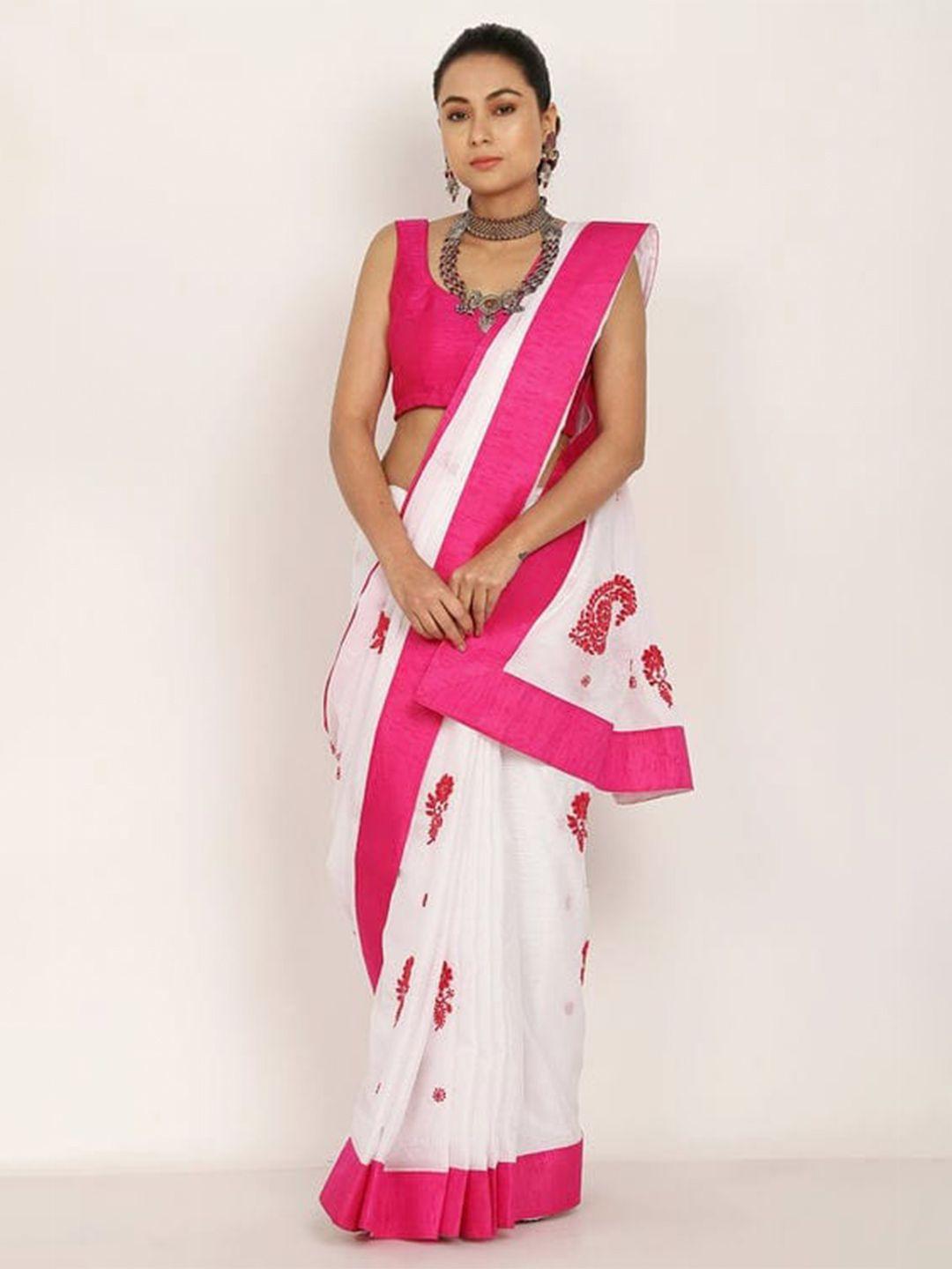 shades white & pink floral pure cotton kota saree