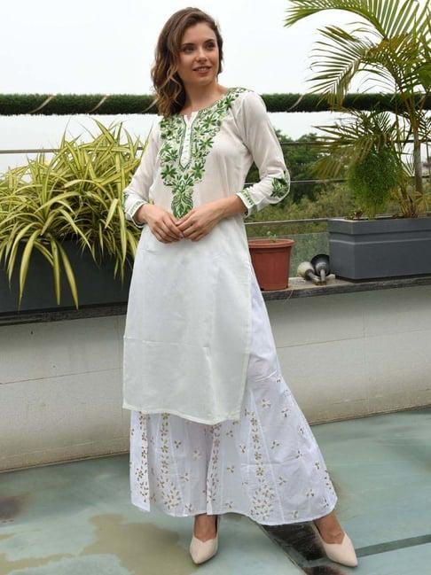 shades white chanderi embroidered straight kurta