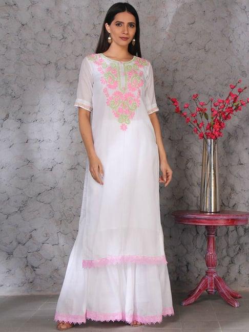 shades white embroidered kurta sharara set with dupatta