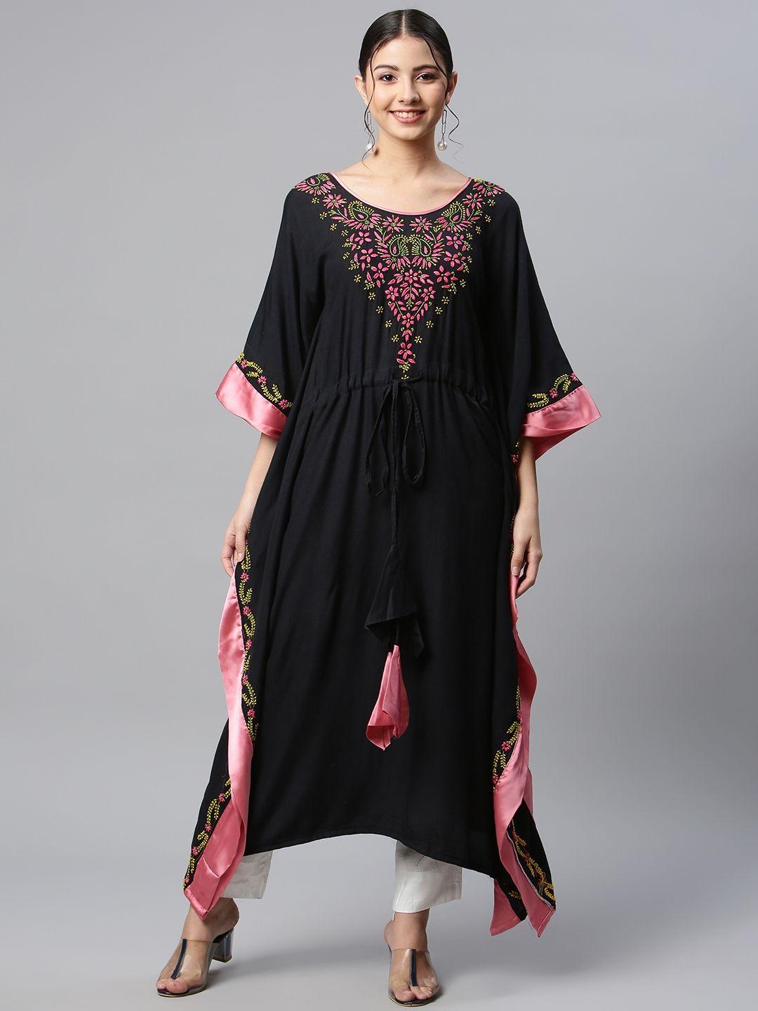 shades women black & pink floral yoke design flared sleeves kaftan kurta