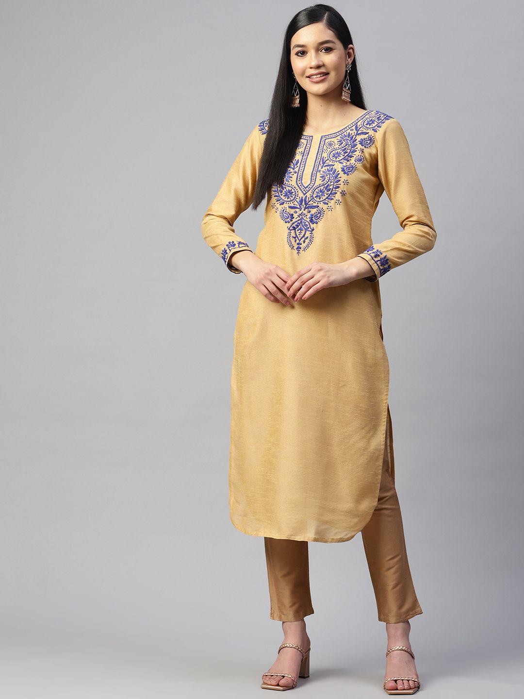 shades women brown ethnic motifs yoke design chikankari kurta