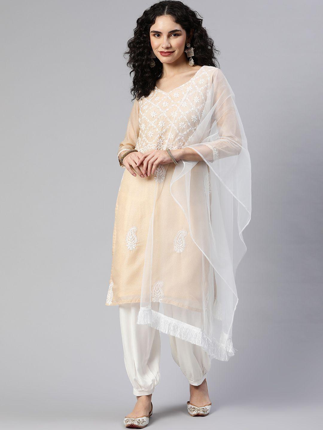 shades women cream-coloured ethnic motifs embroidered thread work kurta with salwar & with dupatta