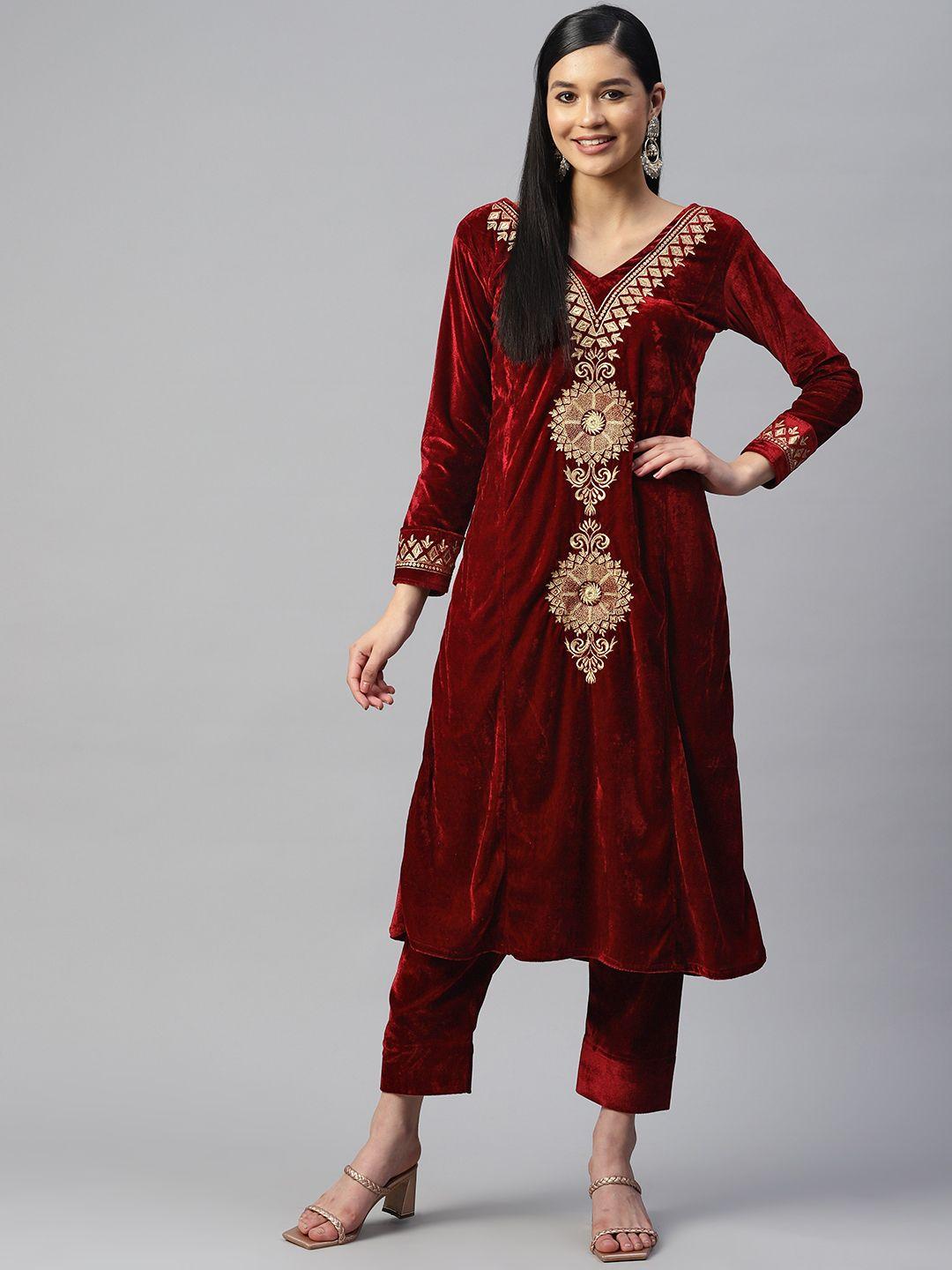 shades women ethnic motifs embroidered velvet kurta with trousers