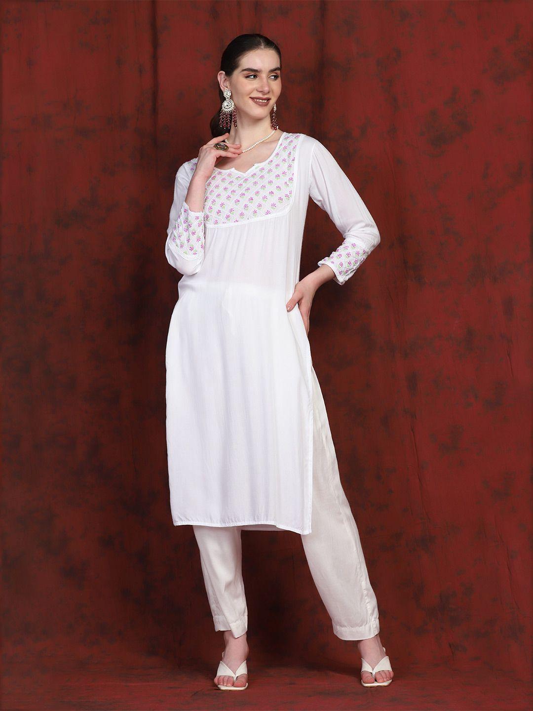 shades women ethnic motifs yoke design cotton chikankari kurta