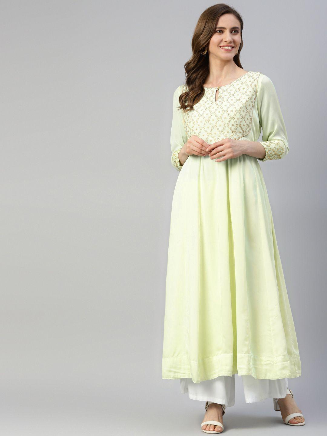 shades women green ethnic motifs embroidered anarkali kurta