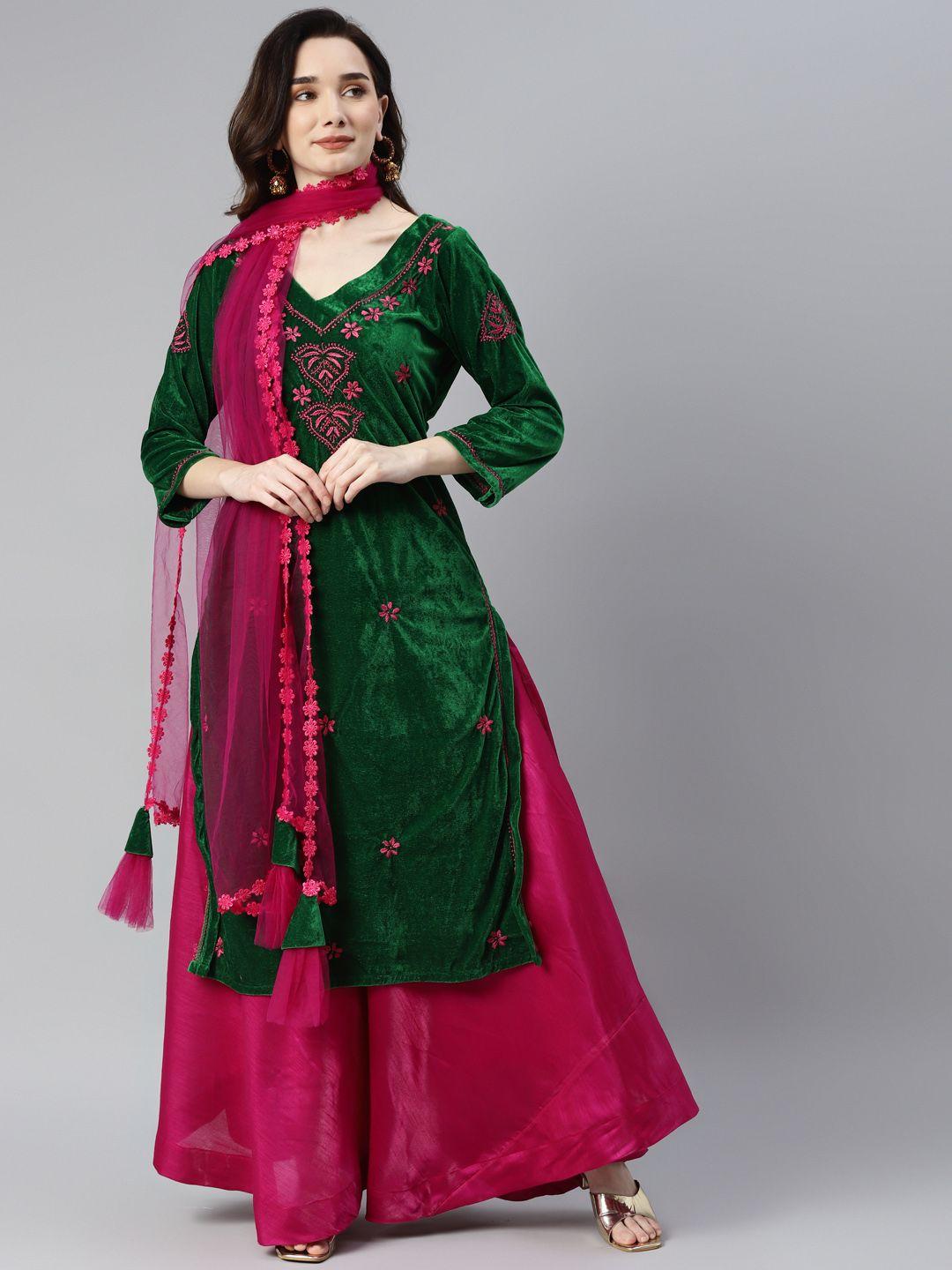 shades women green ethnic motifs embroidered chikankari velvet kurta with skirt & with dupatta