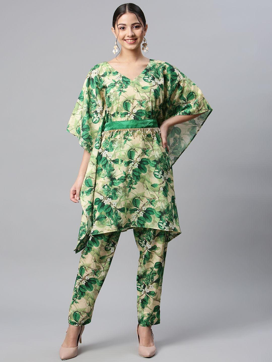 shades women green floral printed flared sleeves floral kaftan kurta