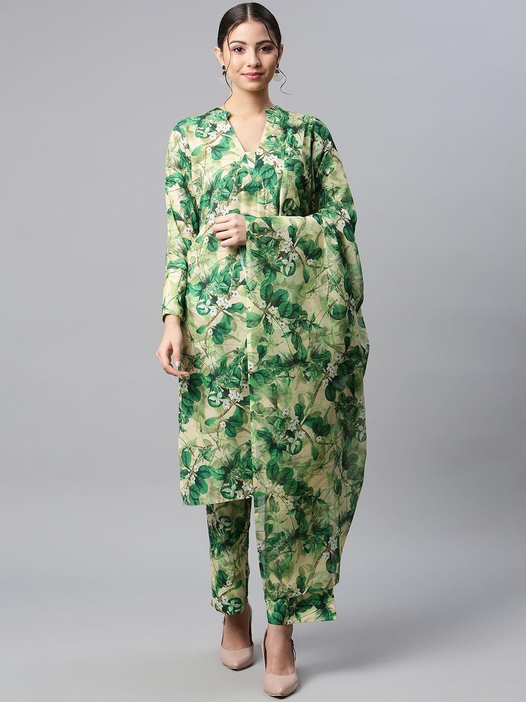 shades women green floral printed pure cotton kurta with palazzos & with dupatta