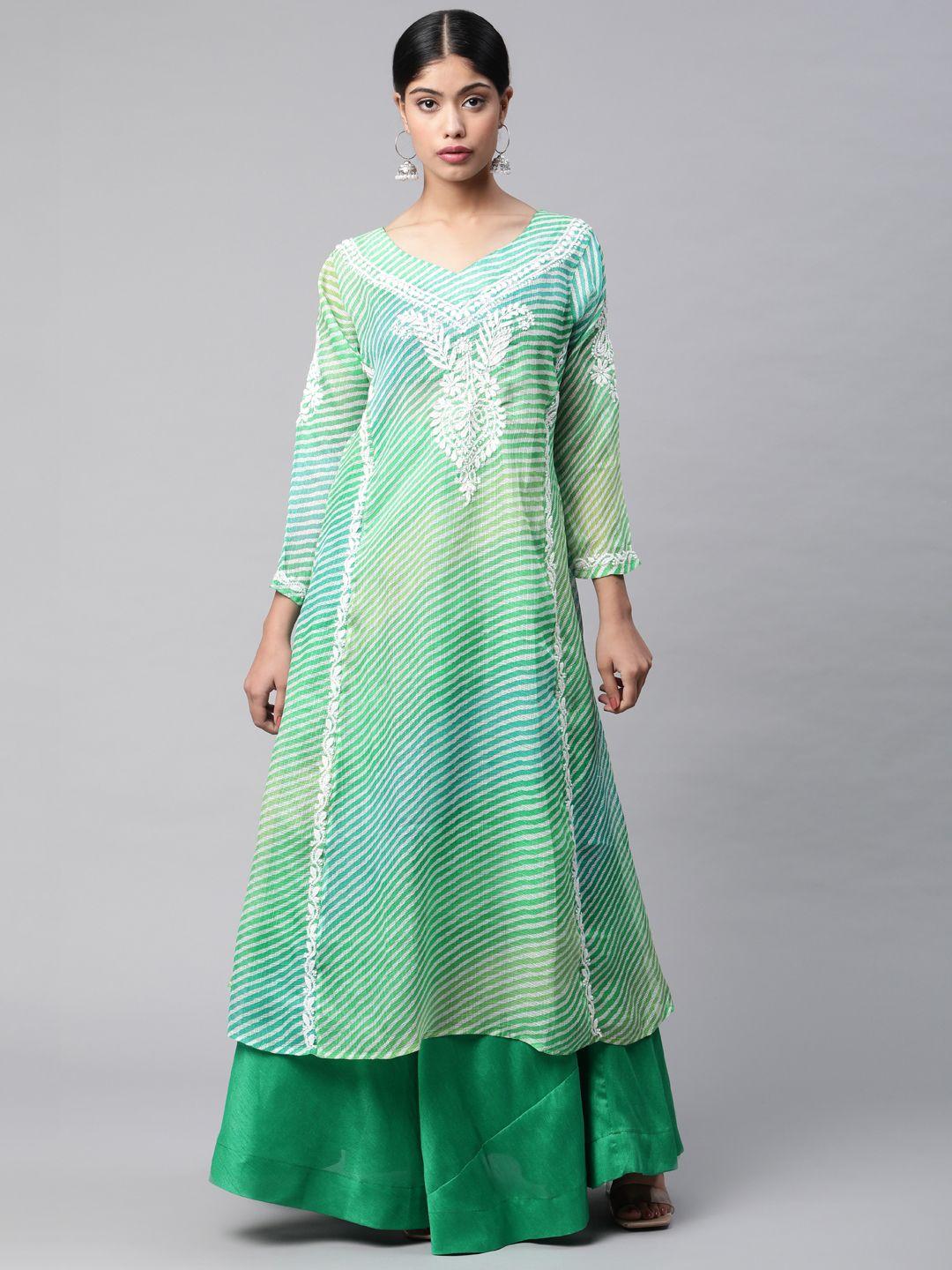 shades women green leheriya printed chikankari anarkali kurta