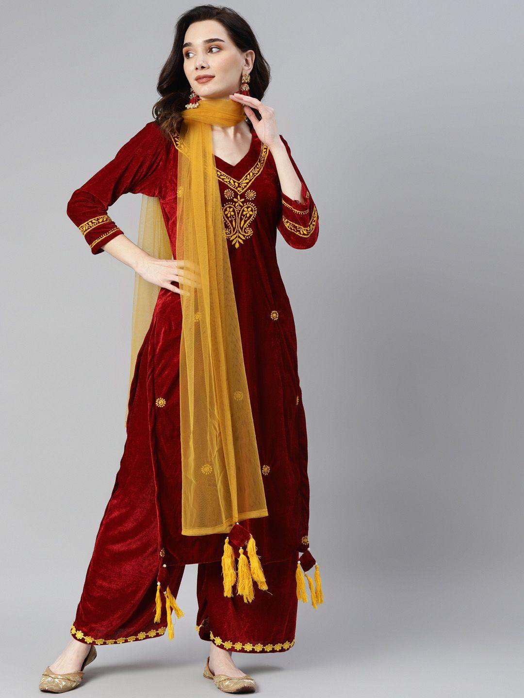 shades women maroon ethnic motifs embroidered chikankari velvet kurta with palazzos & with dupatta