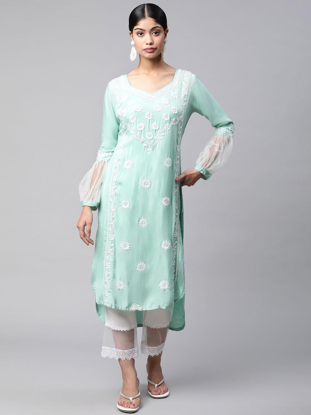 shades women mint green & white floral embroidered chikankari kurta