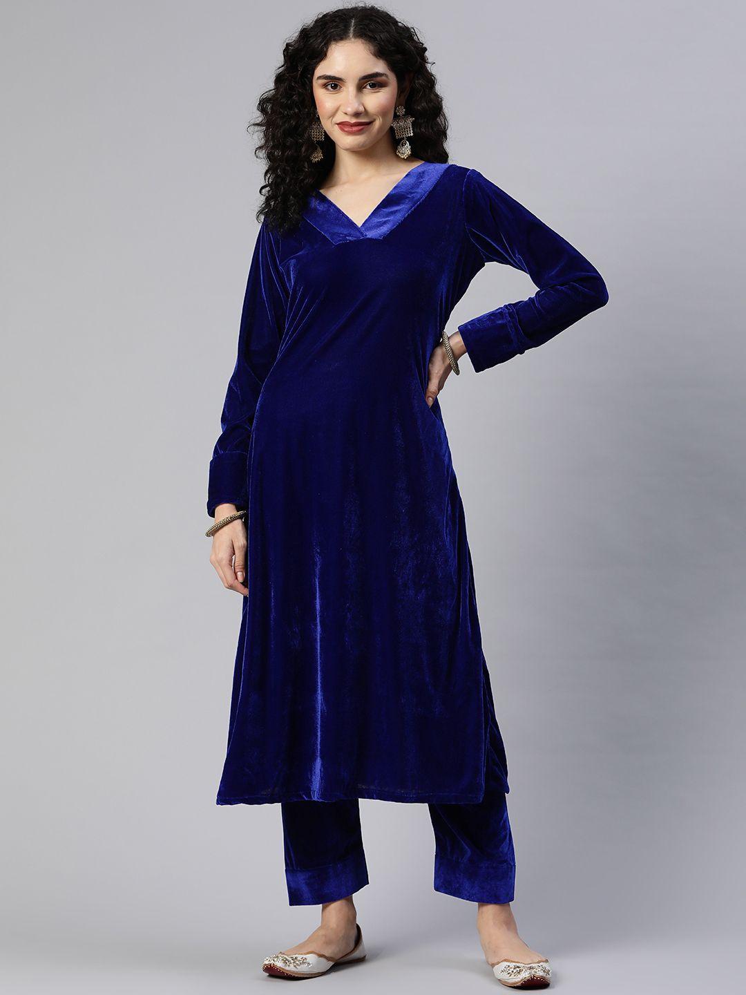 shades women navy blue solid velvet a-line kurta with trousers