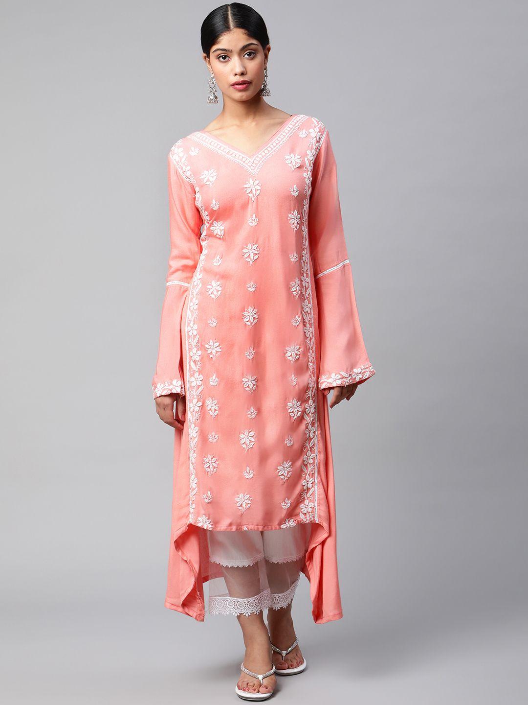 shades women peach-coloured floral embroidered bell sleeves chikankari asymmetric maternity kurta