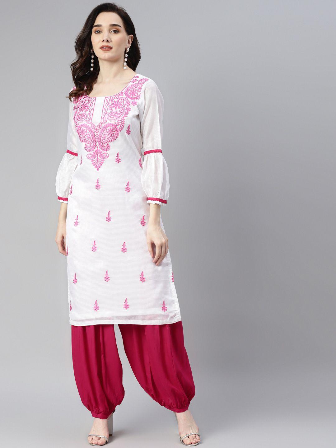 shades women pink ethnic motifs embroidered chikankari pure cotton kurta with salwar