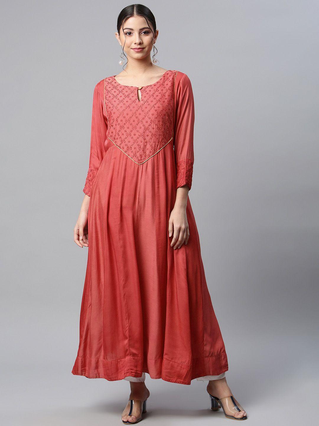 shades women pink floral yoke design chikankari kurta