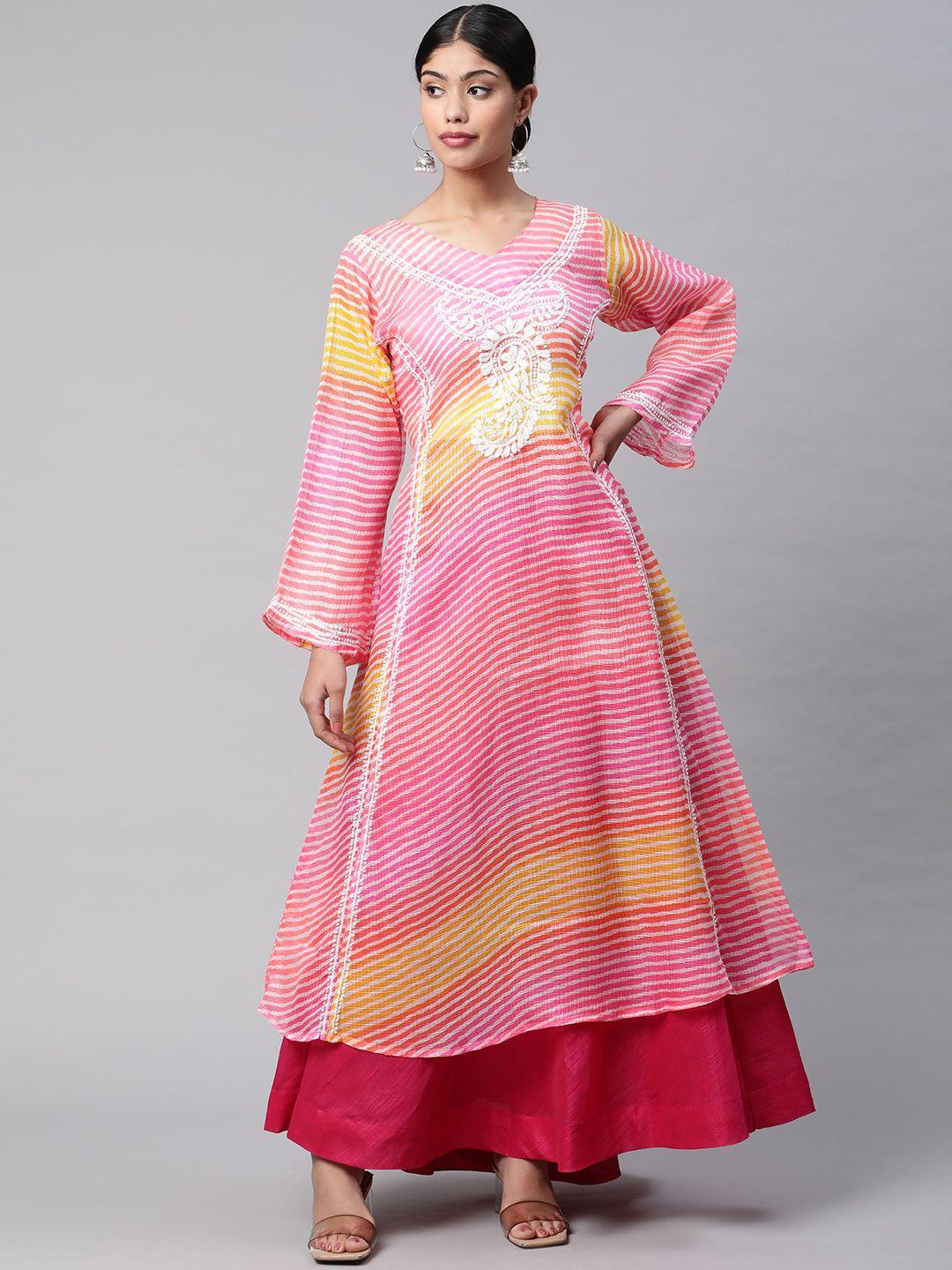 shades women pink kota leheriya chikankari kurta