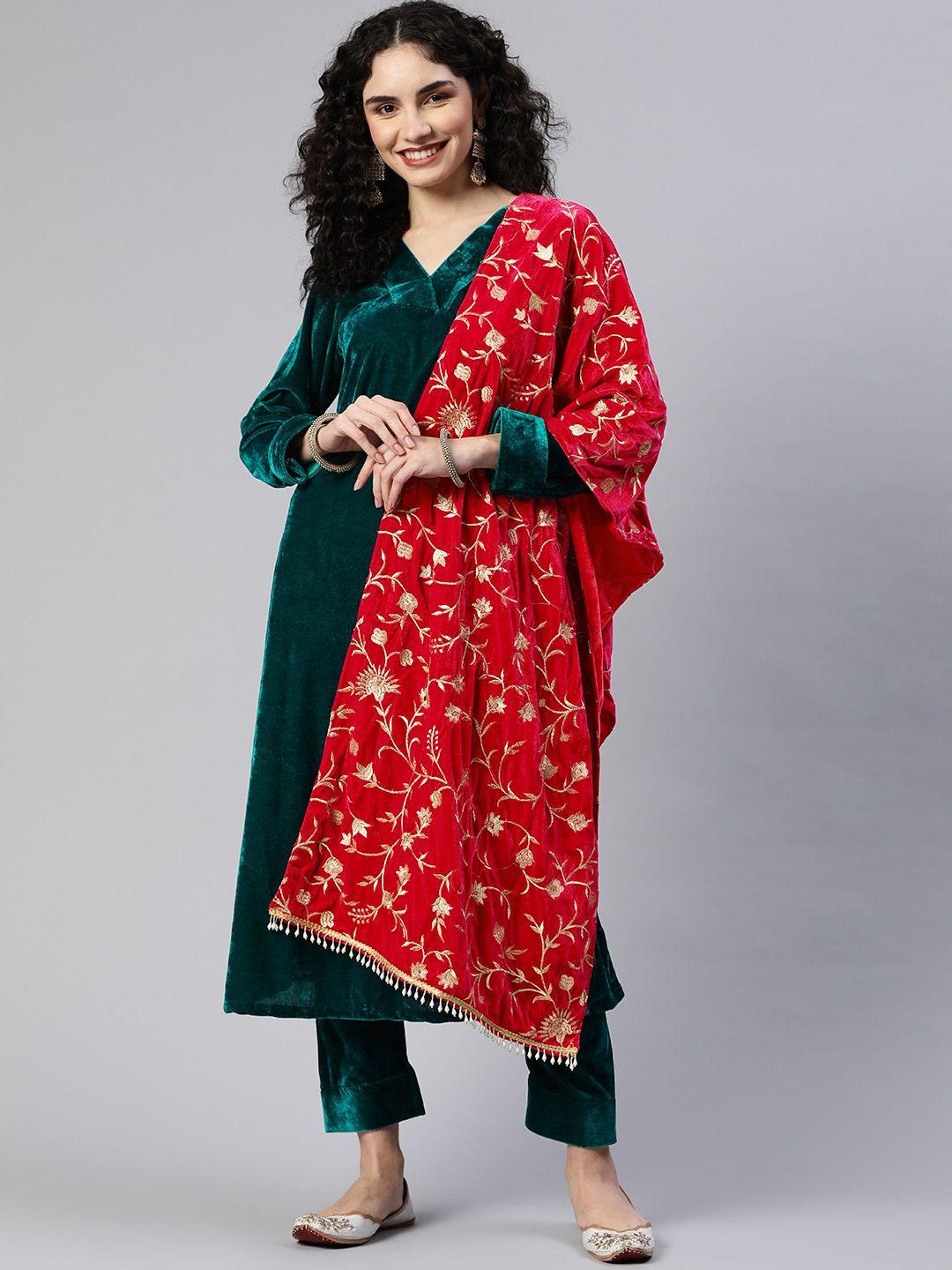 shades women solid velvet a-line kurta with trousers & with dupatta