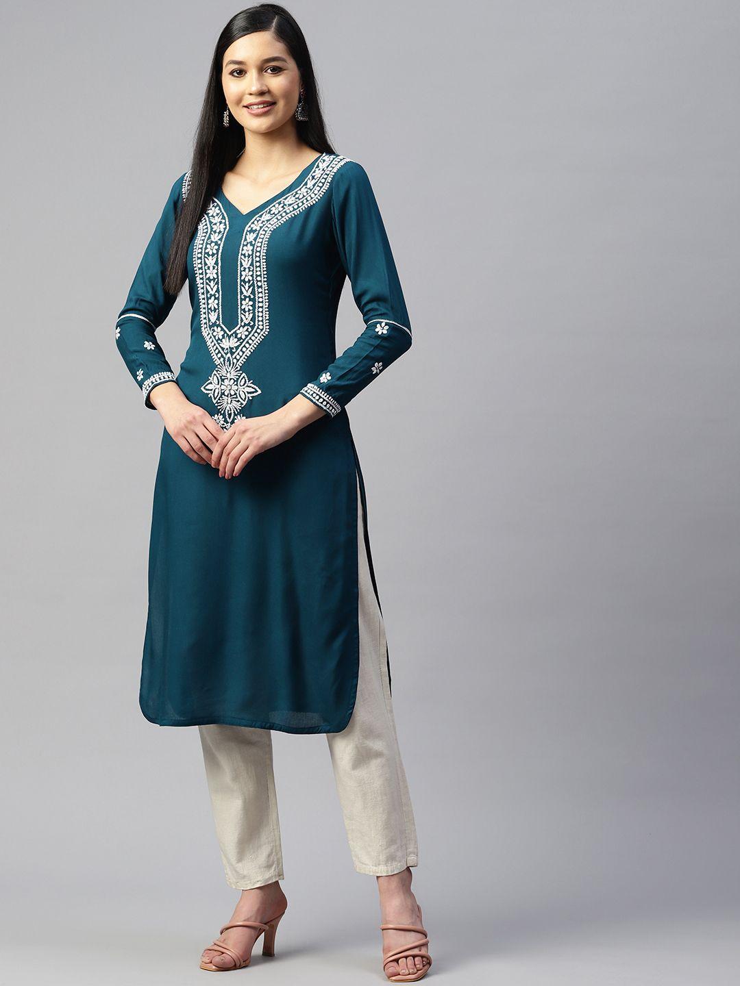 shades women teal floral yoke design chikankari kurta