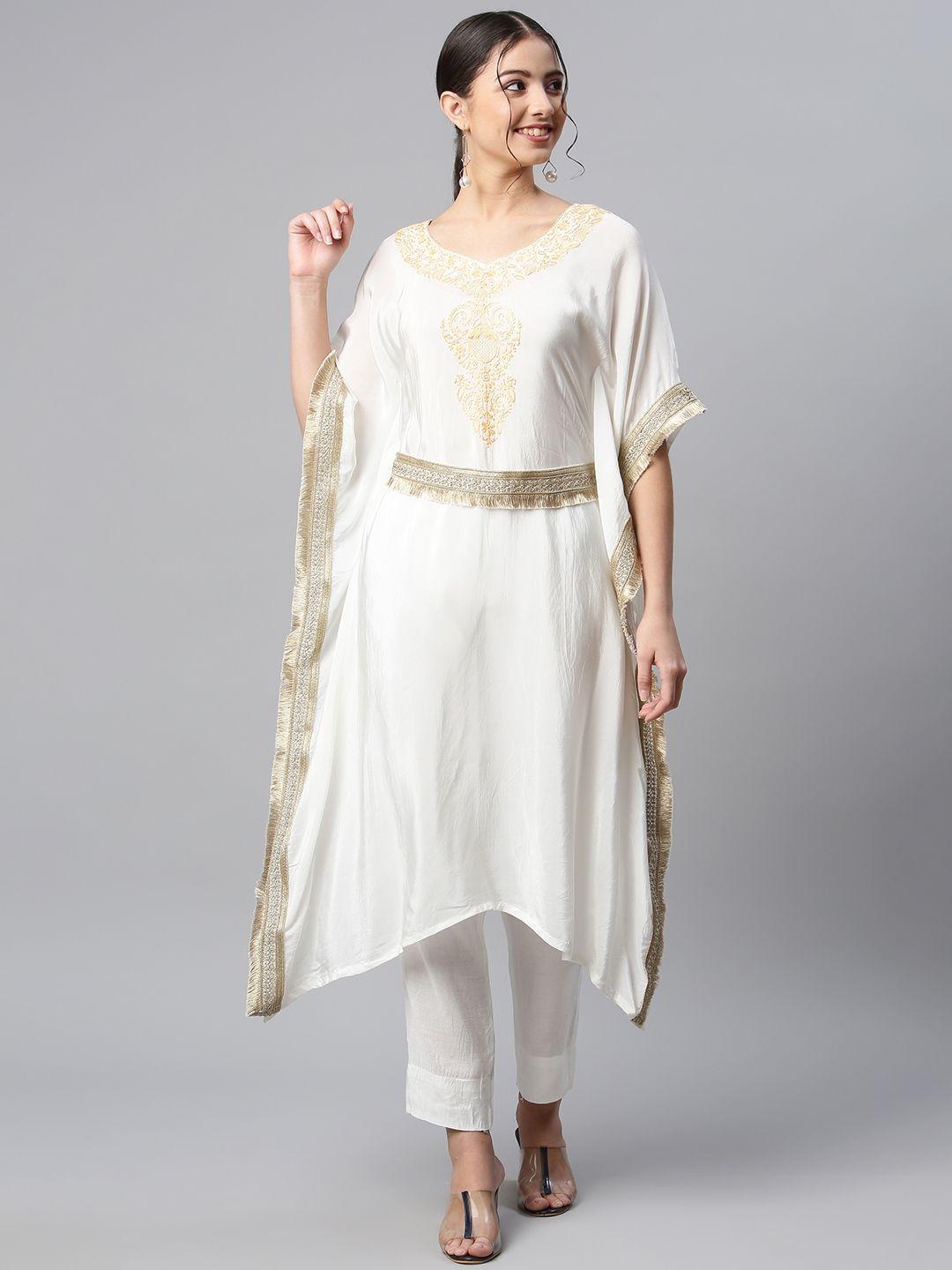 shades women white & mustard yellow ethnic motifs yoke design flared sleeves crepe kaftan kurta