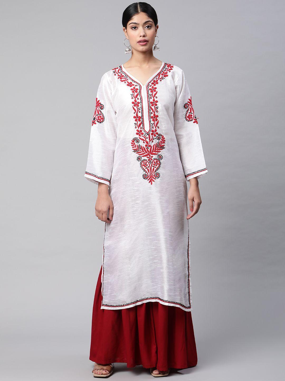 shades women white & red art silk chikankari kurta