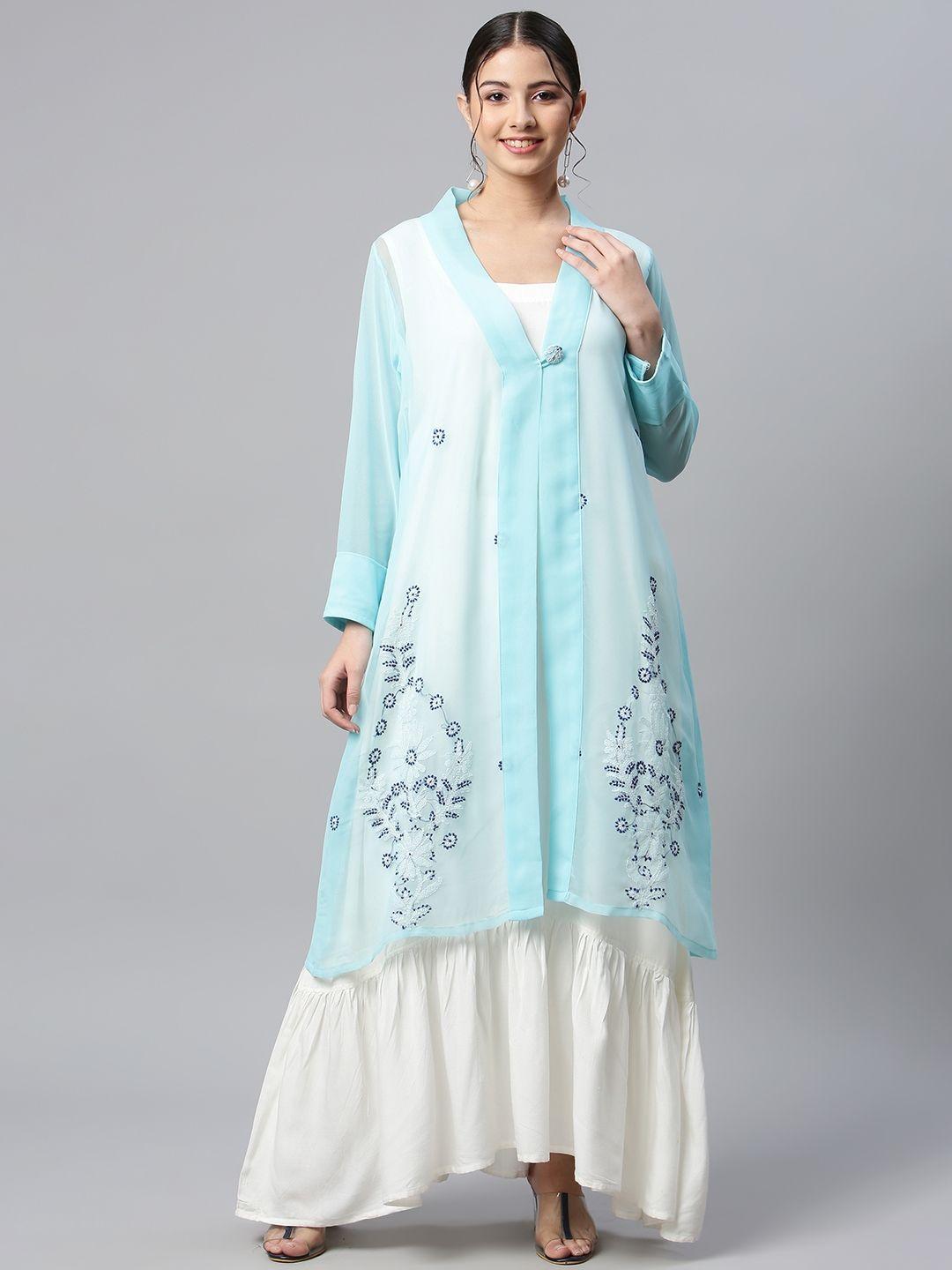 shades women white & turquoise blue floral georgette kurta