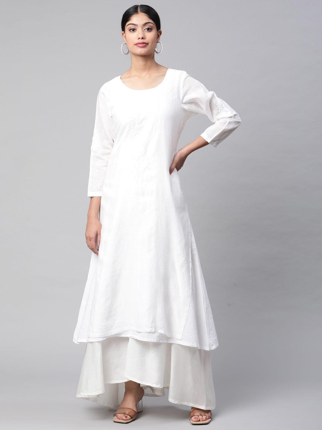 shades women white ethnic motifs embroidered chikankari chanderi silk anarkali kurta