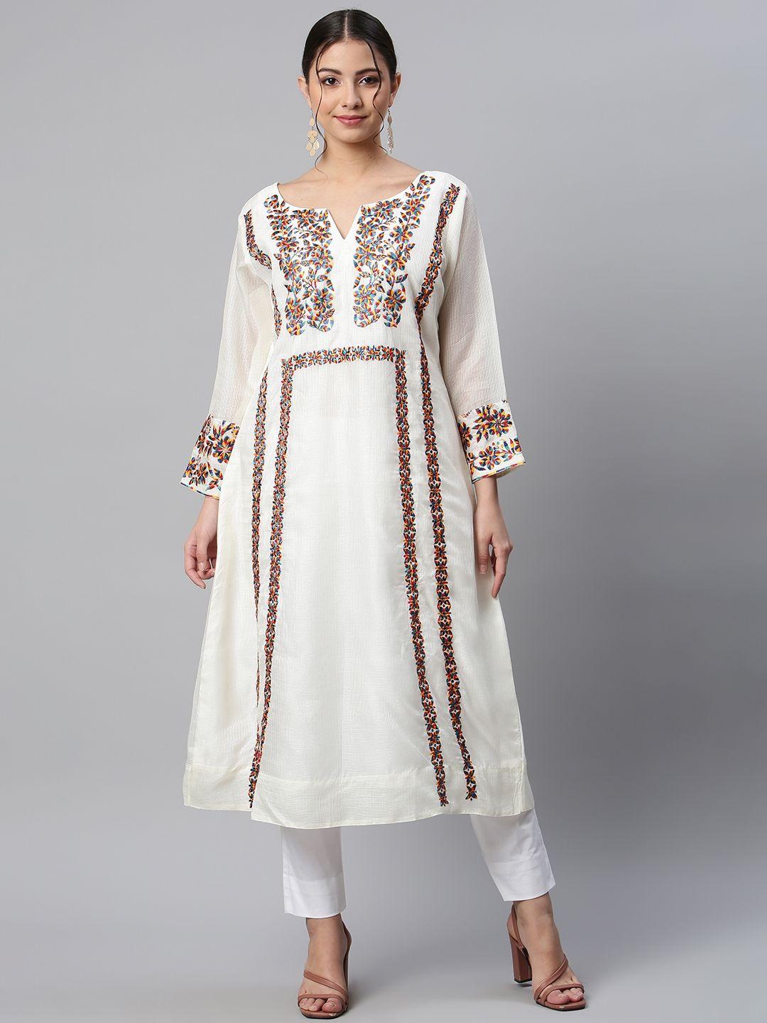 shades women white floral embroidered kurta with trouser