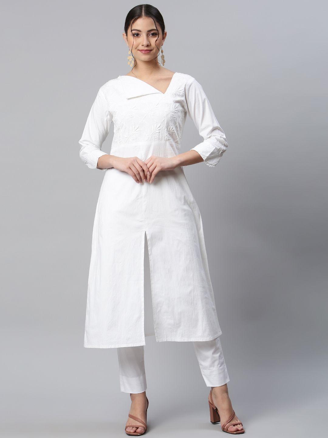 shades women white floral stretchable kurta with trouser