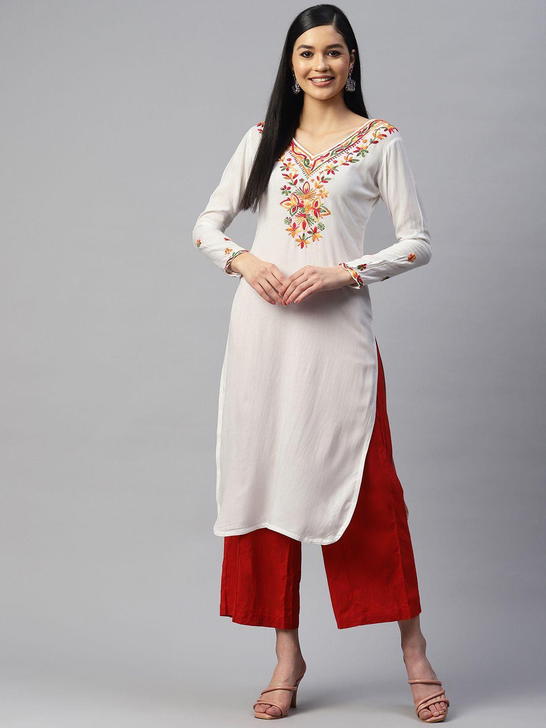 shades women white floral yoke design cotton chikankari kurta
