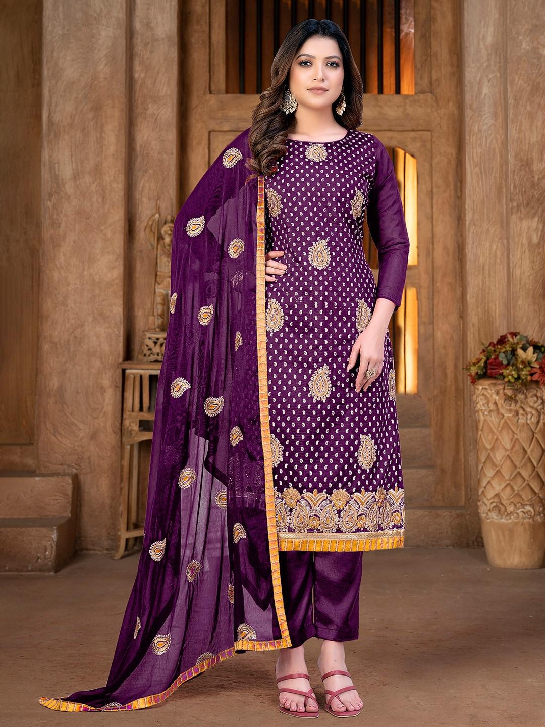shadow & saining magenta & gold-toned embroidered unstitched dress material