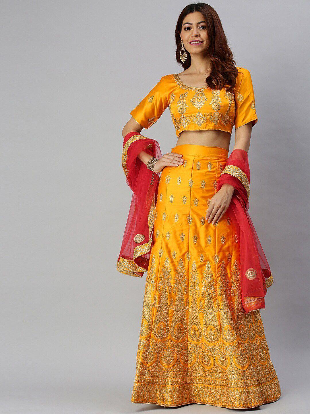 shadow & saining mustard & pink embroidered semi-stitched lehenga unstitched blouse with dupatta